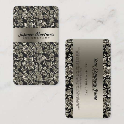 メタリックブラックとシルバーの古いトーンのフローラマスク 名刺 (正面/裏面)