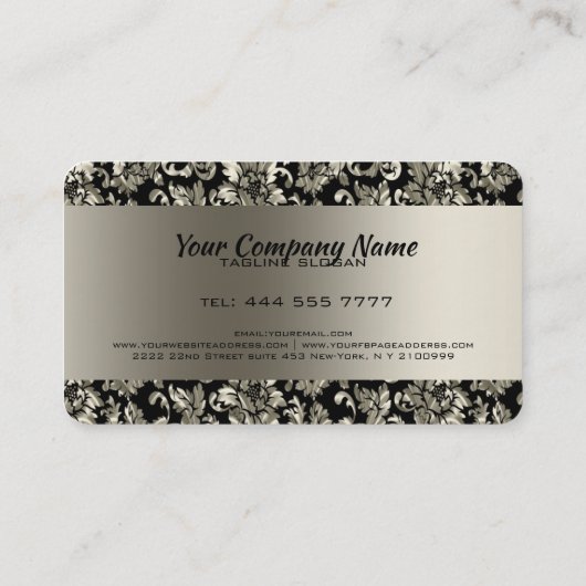 メタリックブラックとシルバーの古いトーンのフローラマスク 名刺 (裏面)