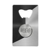 メタリックブラックとシルバーの幾何学的デザイン クレジットカード栓抜き (正面)