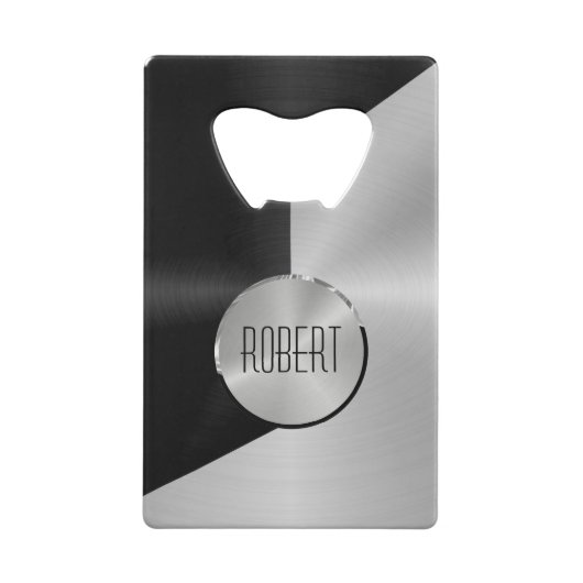 メタリックブラックとシルバーの幾何学的デザイン クレジットカード栓抜き (裏面)