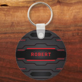 メタリックブラックとレッドの幾何学的デザイン キーホルダー (正面)