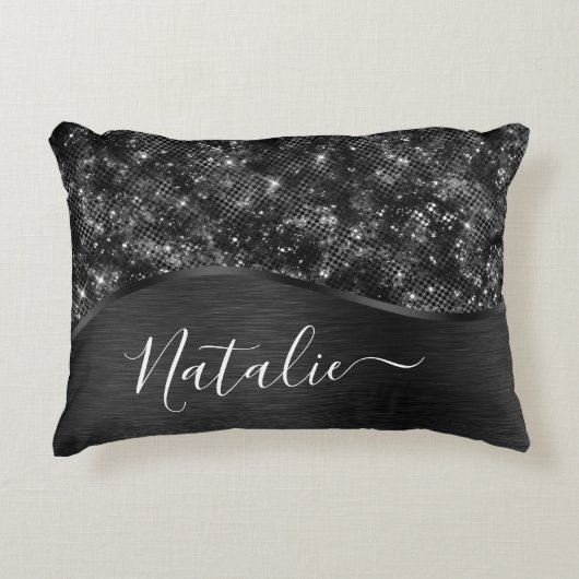 メタリックブラックグリッター パーソナライズされた アクセントクッション (正面)