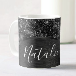 メタリックブラックグリッター パーソナライズされた コーヒーマグカップ