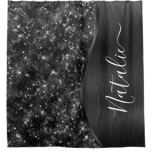 メタリックブラックグリッター パーソナライズされた シャワーカーテン (正面)