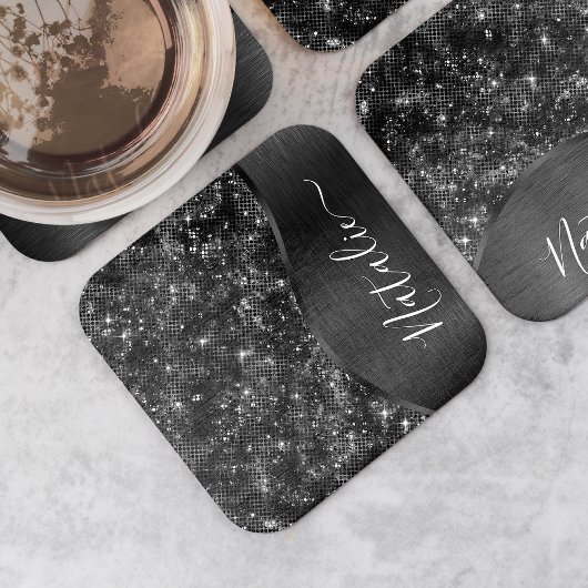 メタリックブラックグリッター パーソナライズされた スクエアペーパーコースター