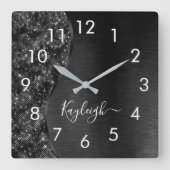 メタリックブラックグリッター パーソナライズされた スクエア壁時計 (正面)