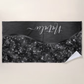メタリックブラックグリッター パーソナライズされた ビーチタオル (正面)