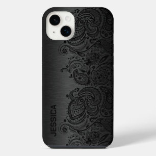 メタリックブラック+ブラックペイズリー柄レース iPhone 14 PLUSケース