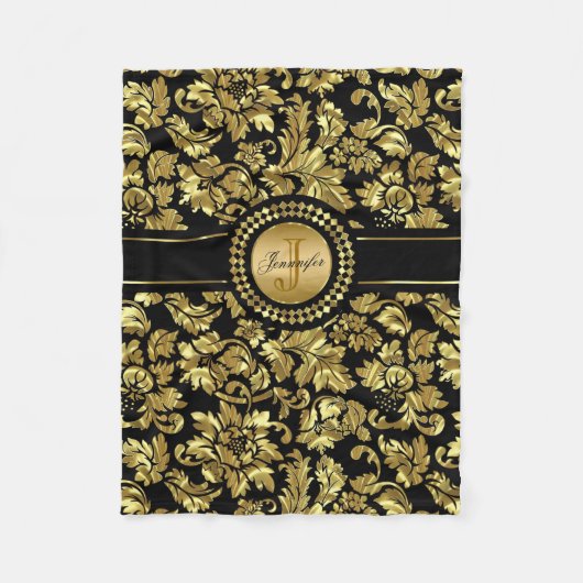 メタリックブラック&金ゴールドヴィンテージダムズモノグラム フリースブランケット (正面)