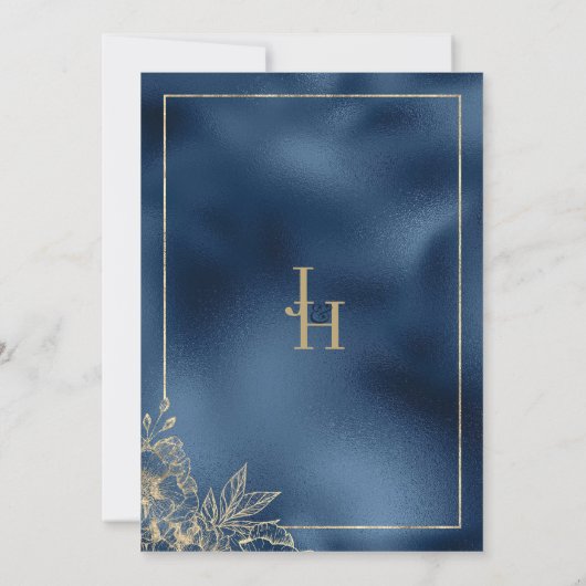 メタリックブルーのグラデーション金ゴールドフローラ日付の保存 招待状 (裏面)