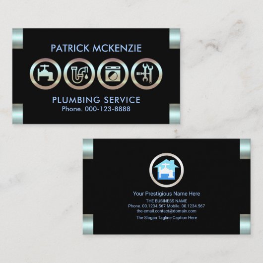 メタリックブルーの配管工のロゴタブ 名刺 (正面/裏面)