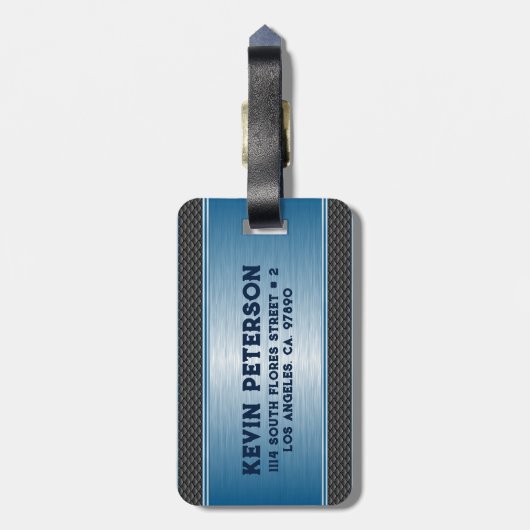 メタリックブルーテクスチャイメージストライプのオプション ラゲッジタグ (裏面縦)