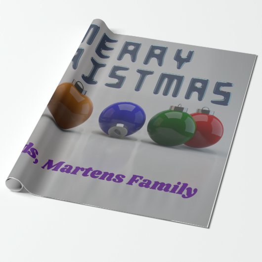 メタリックブルーフォントとオーナメントデザインクリスマス ラッピングペーパー (アンロールド)