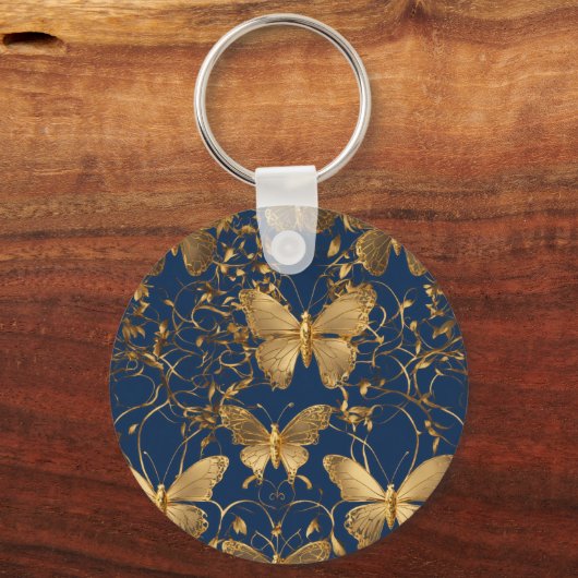 メタリックブルー蝶と金ゴールドつる植物 キーホルダー (正面)