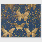 メタリックブルー蝶と金ゴールドつる植物 ラッピングペーパー (フラット)