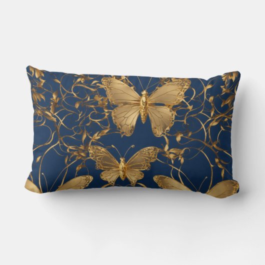 メタリックブルー蝶と金ゴールドつる植物 ランバークッション (裏面)
