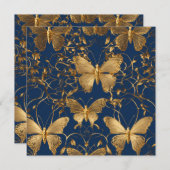 メタリックブルー蝶と金ゴールドつる植物 招待状 (正面/裏面)