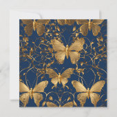 メタリックブルー蝶と金ゴールドつる植物 招待状 (裏面)