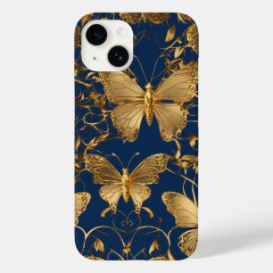 メタリックブルー蝶と金ゴールドつる植物 Case-Mate iPhone 14ケース