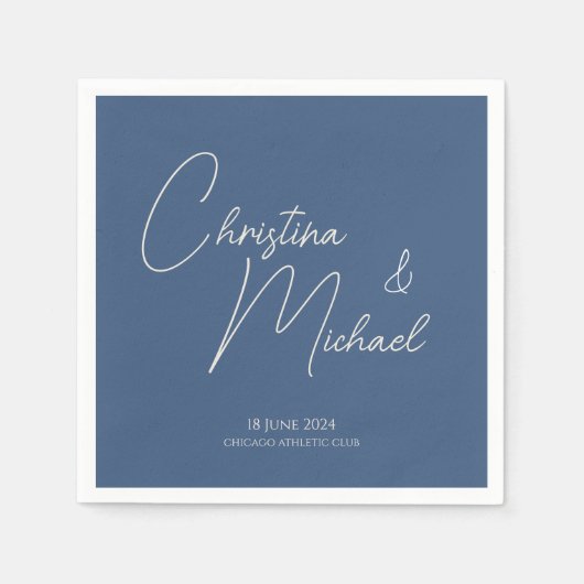 メタリックブルー・手書きスクリプト スタンダードカクテルナプキン (正面)
