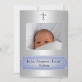 メタリックホワイトフォトフレームクロスバプテスムブルー 招待状 (正面)