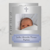 メタリックホワイトフォトフレームクロスバプテスムブルー 招待状 (正面/裏面)