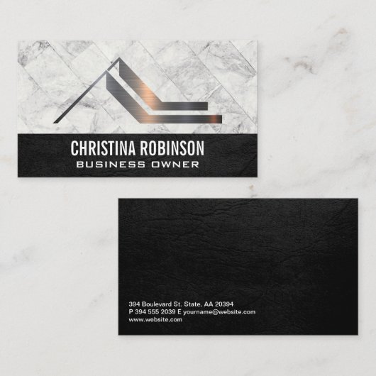 メタリックホームロゴ |白い大理石タイル 名刺 (正面/裏面)