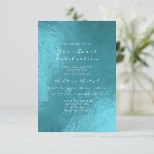 メタリックミニマルティファニー海ブルーアクアガラス 招待状 (スタンド正面)