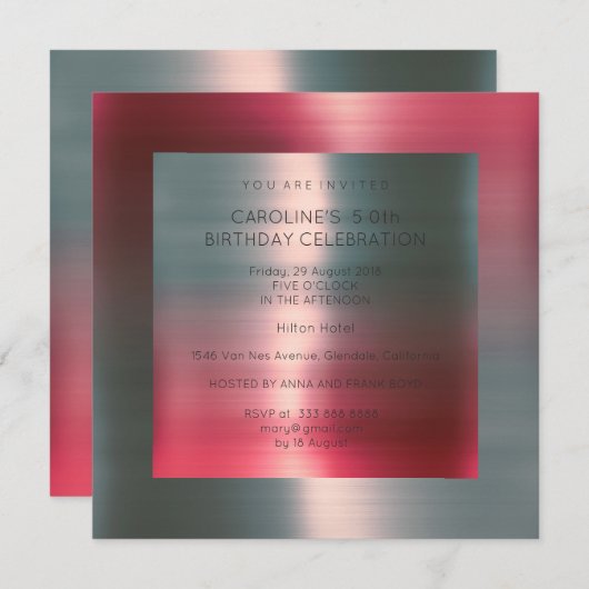 メタリックミニマルピンクレッドシルバーバースデーパーティー 招待状 (正面/裏面)