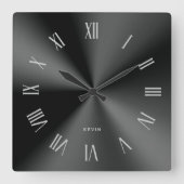 メタリックミニマルブラックのグレーのローマ数字 スクエア壁時計 (正面)
