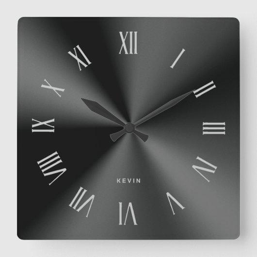 メタリックミニマルブラックのグレーのローマ数字 スクエア壁時計 (正面)