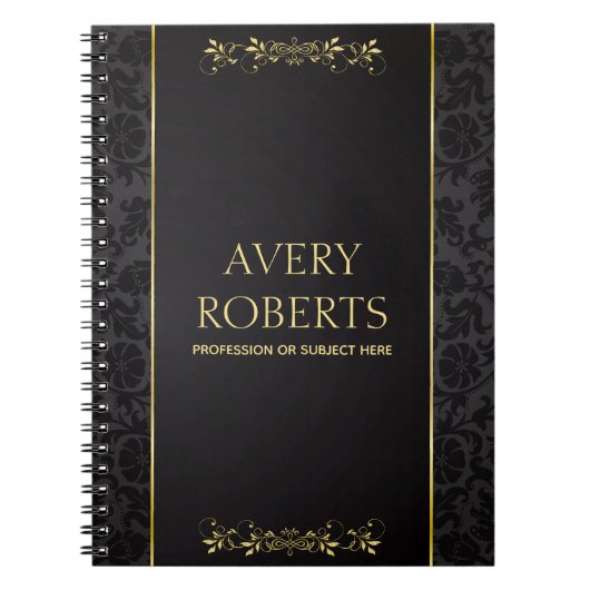 メタリックモダンエレガントフローラブラック金ゴールド ノートブック (正面)