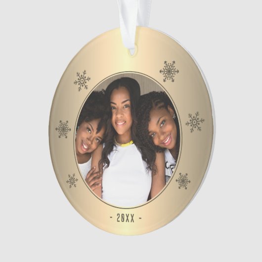 メタリックモダンゴールデンスノーフレークファミリーの写真 オーナメント (正面)