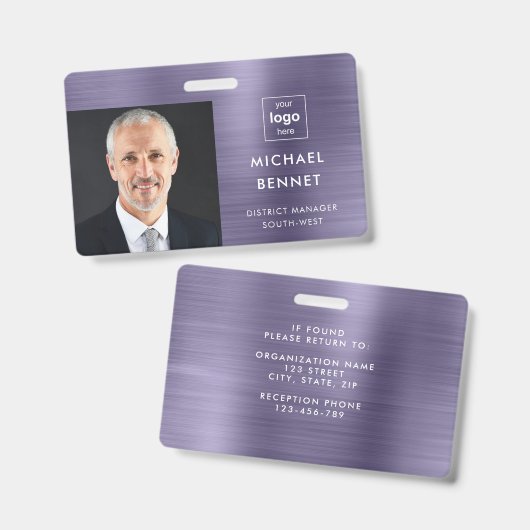 メタリックモダンパープル会社の写真ID バッジ (正面＆裏面)