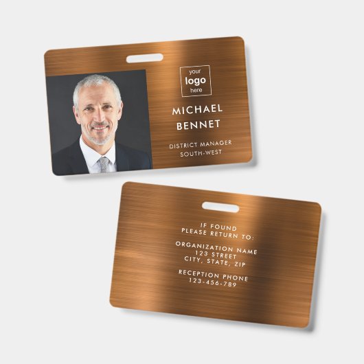 メタリックモダンブラウン会社の写真ID バッジ (正面＆裏面)