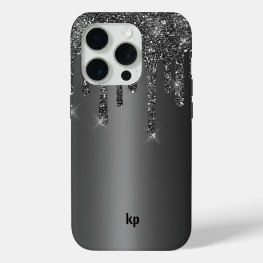 メタリックモダンブラックに黒い灰色のグリッターが滴下する Case-Mate iPhoneケース (裏面)
