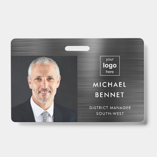 メタリックモダンブラック会社の写真ID バッジ (正面)