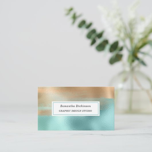 メタリックモダン金ゴールドベージュターコイズ 名刺 (スタンド正面)