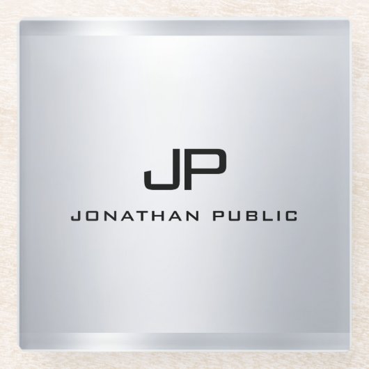 メタリックモノグラムのシルバールックテンプレートエレガント ガラスコースター (正面)