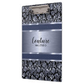 メタリックライトブルーのダマスク&ブラシ付きスチール クリップボード (左)