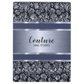 メタリックライトブルーのダマスク&ブラシ付きスチール クリップボード (裏面)