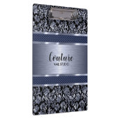 メタリックライトブルーのダマスク&ブラシ付きスチール クリップボード (右)