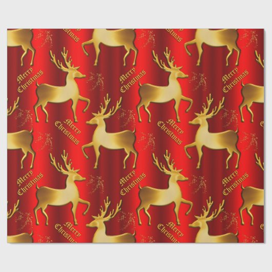 メタリックレッドとゴールデントナカイのクリスマス ラッピングペーパー (フラット)