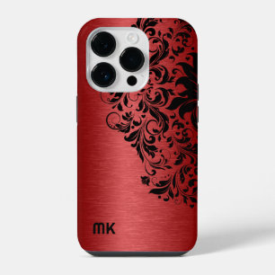 メタリックレッドテクスチャ ブラックレース&テキスト iPhone 14 PROケース