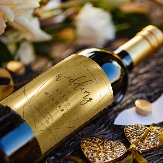 メタリック結婚ジオメトリック金ゴールドID648 ワインラベル