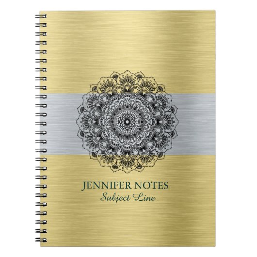 メタリック金ゴールドとシルバーの上に黒いマンダラ ノートブック (正面)