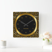 メタリック金ゴールドとブラックヒョウ柄 スクエア壁時計 (ホーム)