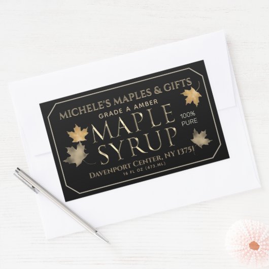 メタリック金ゴールドとブラックメープルシロップ葉付き 長方形シール (封筒)