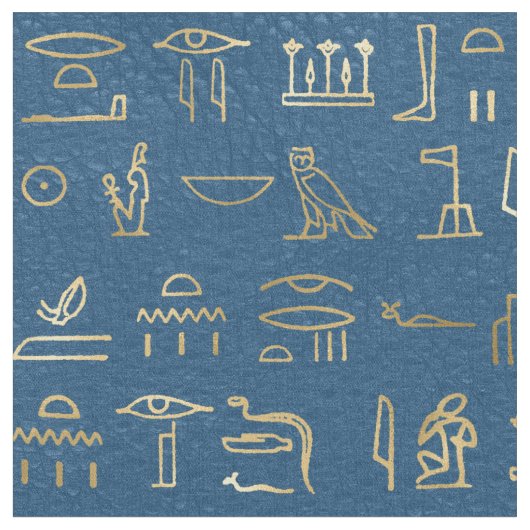メタリック金ゴールドエジプト文字の青 ファブリック (クローズアップ)
