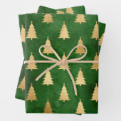 メタリック金ゴールドクリスマスツリーオングリーン ラッピングペーパーシート (インサイチュ)